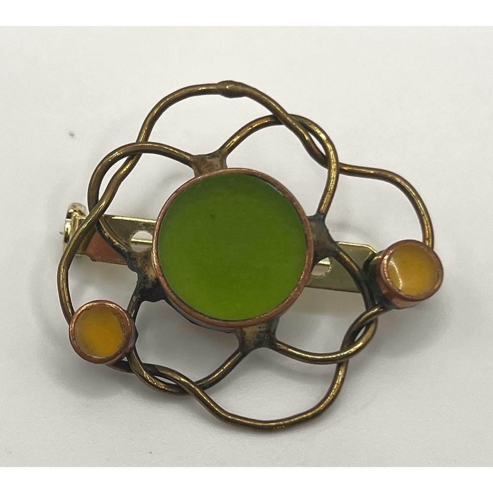 Vintage Artisan Wire Brooch with Green & Amber Cabochons – Brass & Copper